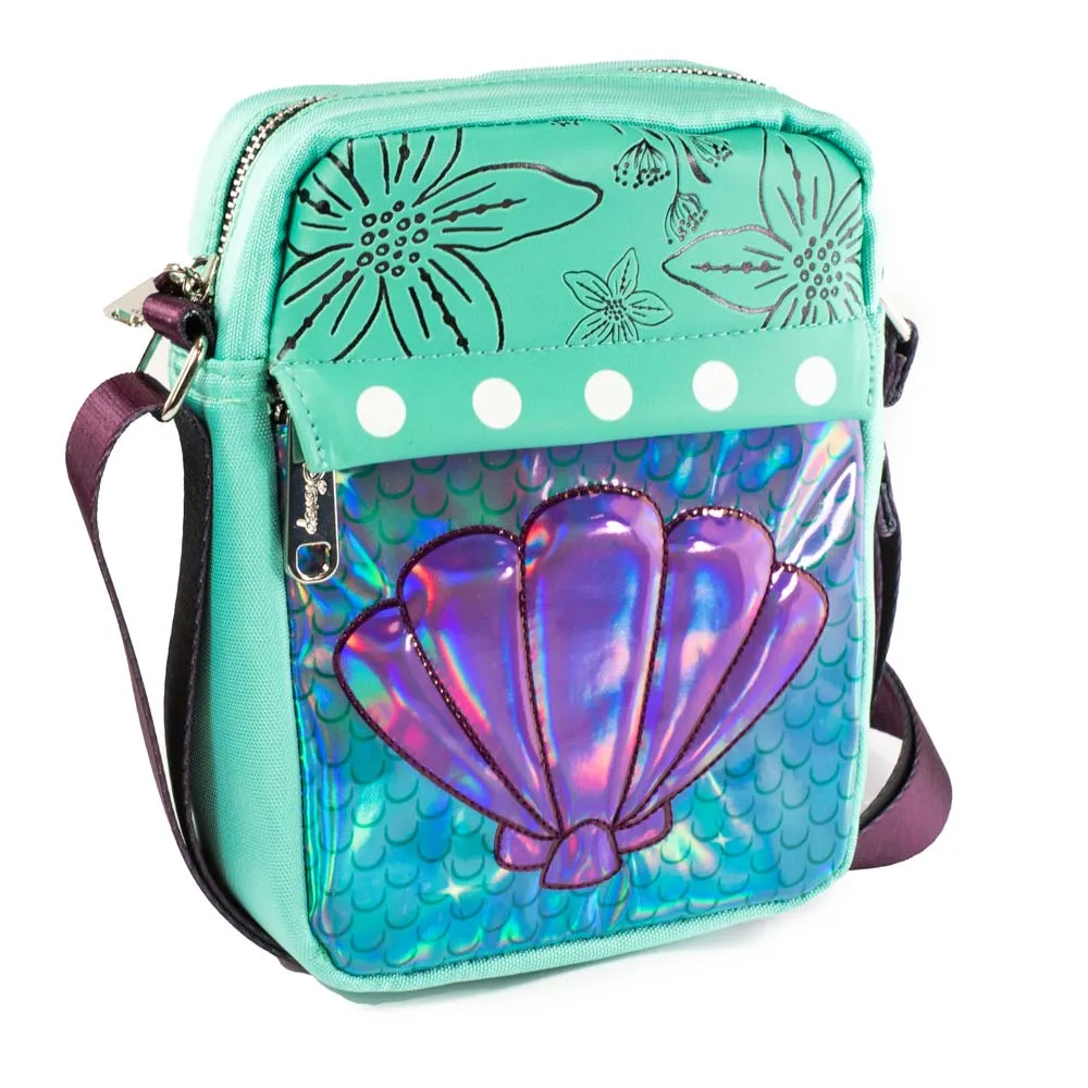 Women's Crossbody Wallet - The Little Mermaid Iridescent Shell Floral Embossing Aqua Blues Purples