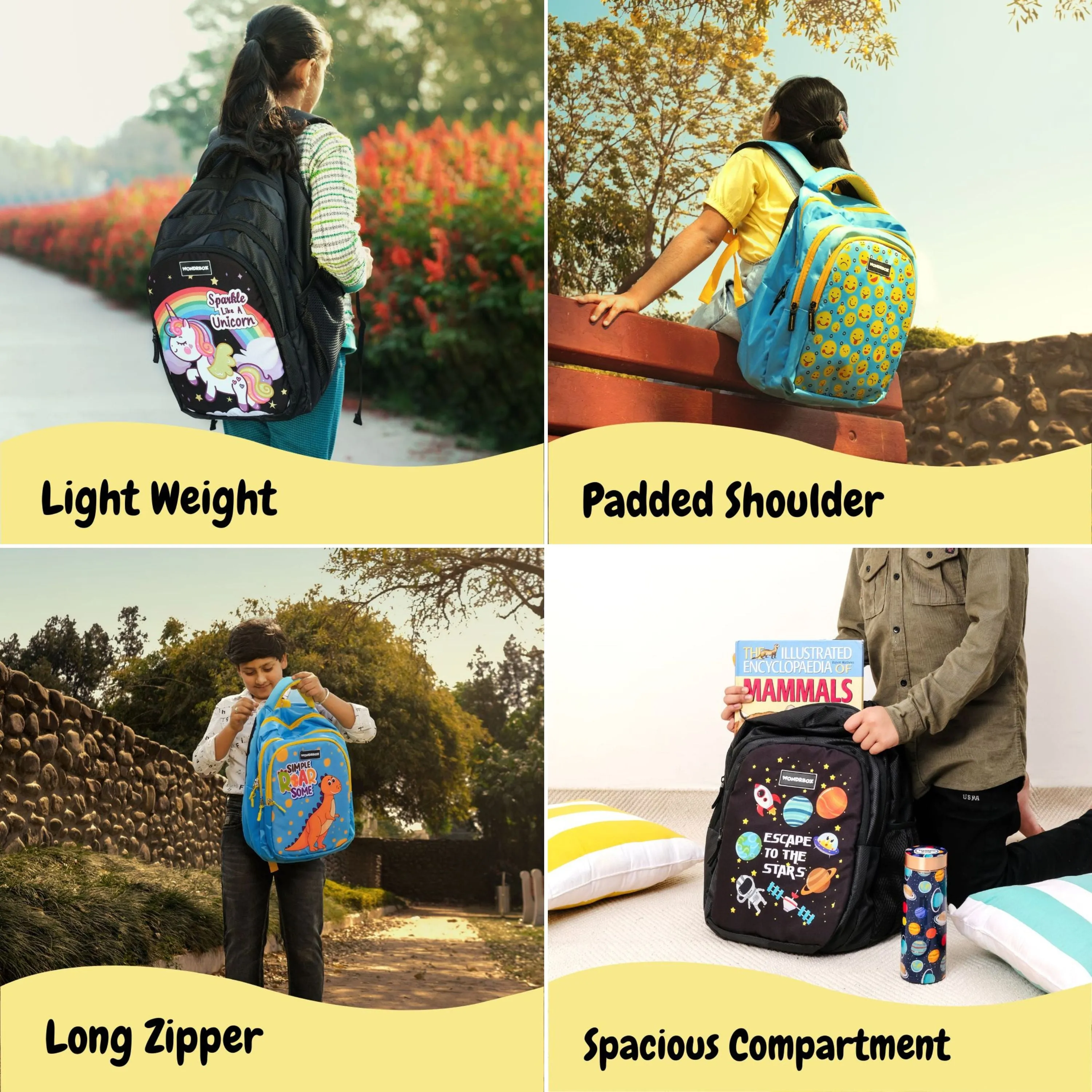 WONDRBOX Dinosaur School Bag For Boys and Girls Age 8 and up