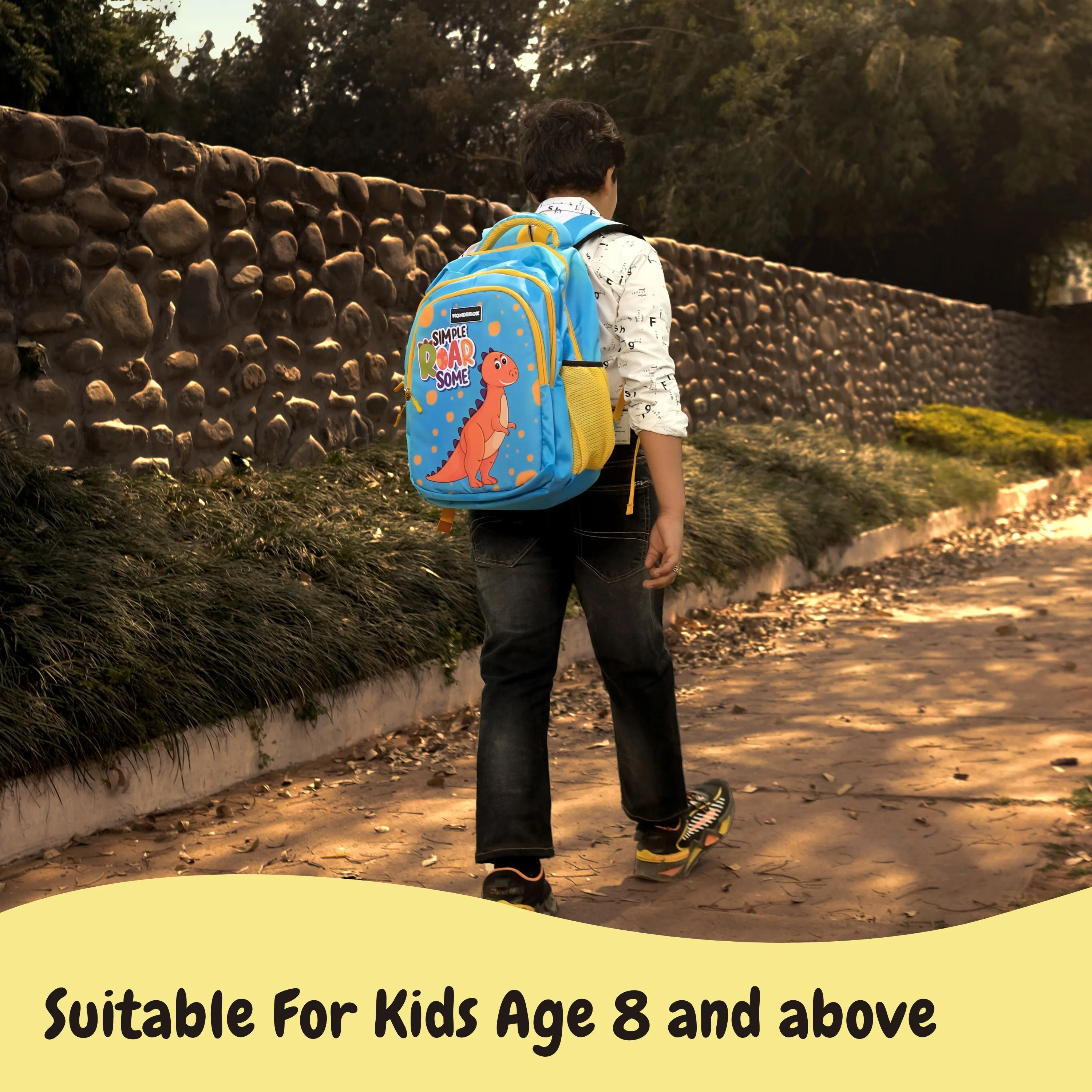 WONDRBOX Dinosaur School Bag For Boys and Girls Age 8 and up
