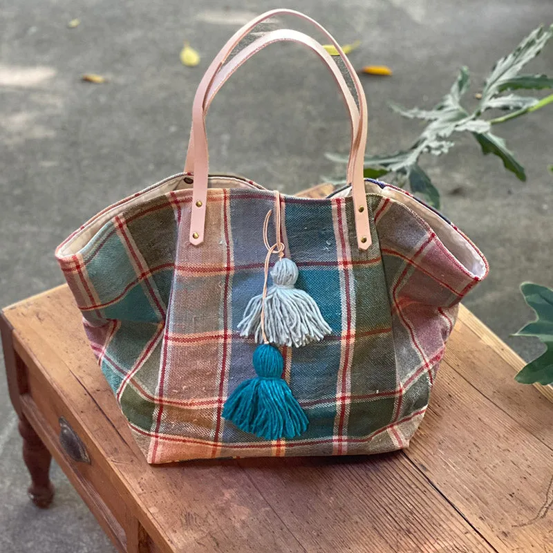 西班牙設計師/Woven Cotton Tote Bag - Blue Tassel
