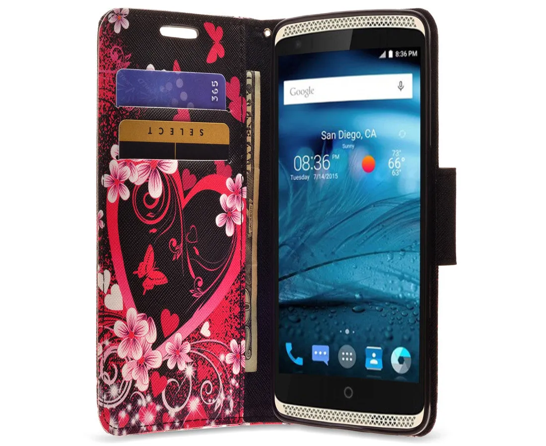 ZTE Axon Pro Case, Wrist Strap Magnetic Fold[Kickstand] Pu Leather Wallet Case with ID & Credit Card Slots for ZTE Axon Pro - Heart Butterflies