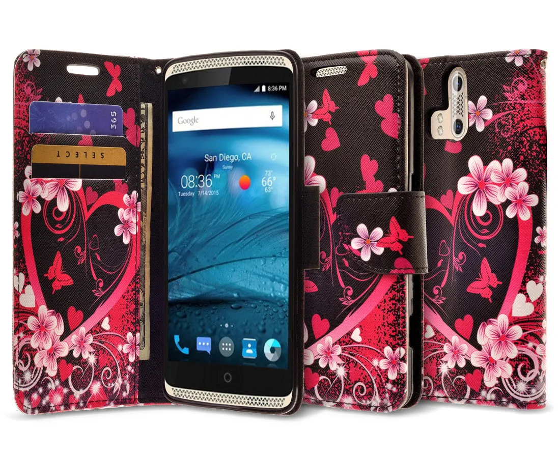 ZTE Axon Pro Case, Wrist Strap Magnetic Fold[Kickstand] Pu Leather Wallet Case with ID & Credit Card Slots for ZTE Axon Pro - Heart Butterflies