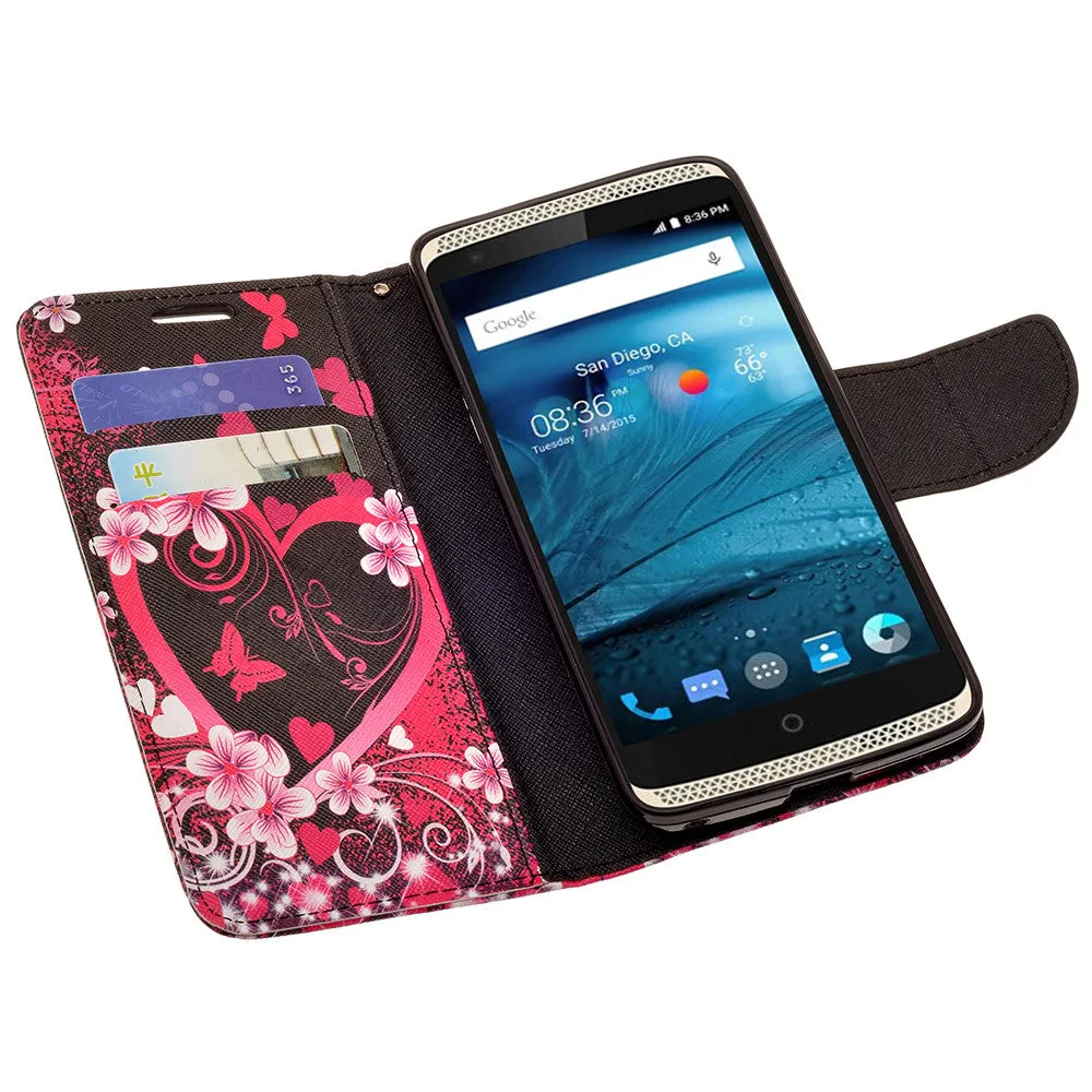 ZTE Axon Pro Case, Wrist Strap Magnetic Fold[Kickstand] Pu Leather Wallet Case with ID & Credit Card Slots for ZTE Axon Pro - Heart Butterflies
