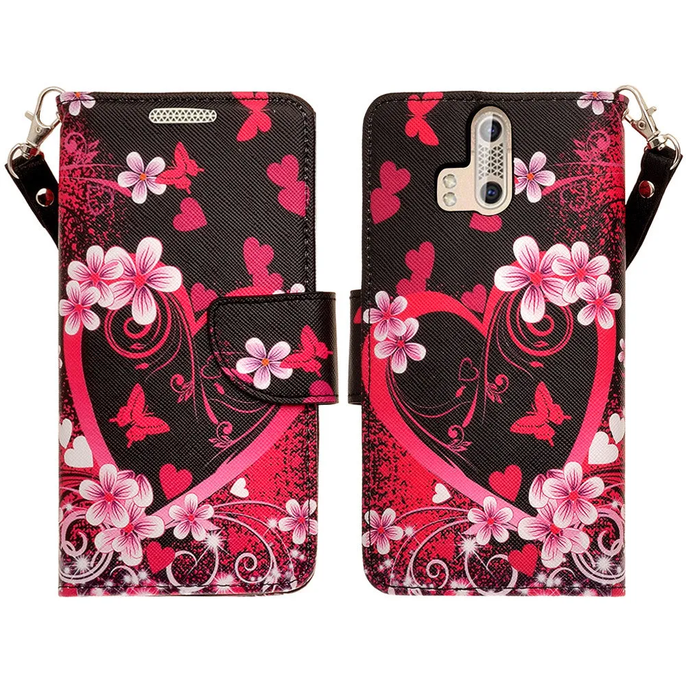 ZTE Axon Pro Case, Wrist Strap Magnetic Fold[Kickstand] Pu Leather Wallet Case with ID & Credit Card Slots for ZTE Axon Pro - Heart Butterflies
