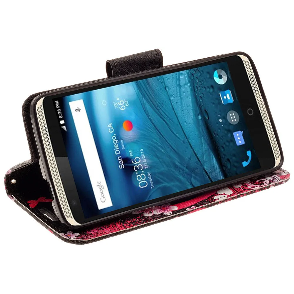 ZTE Axon Pro Case, Wrist Strap Magnetic Fold[Kickstand] Pu Leather Wallet Case with ID & Credit Card Slots for ZTE Axon Pro - Heart Butterflies