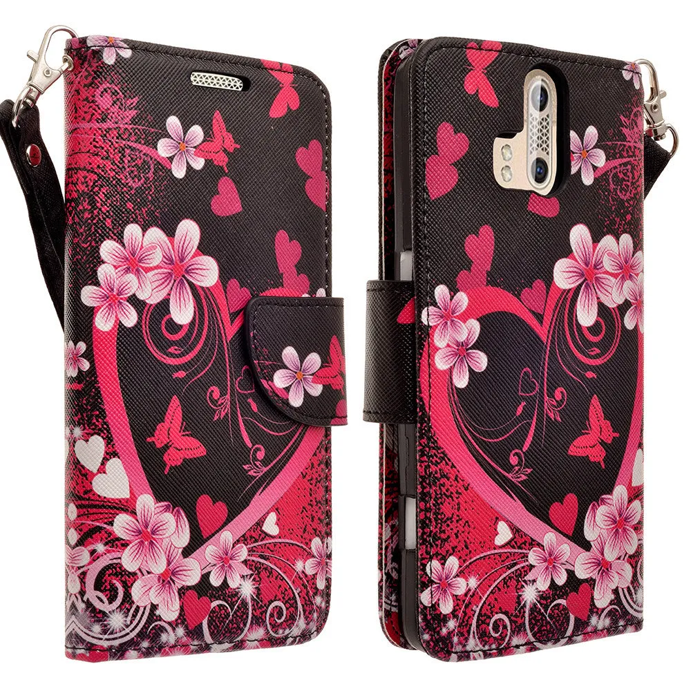 ZTE Axon Pro Case, Wrist Strap Magnetic Fold[Kickstand] Pu Leather Wallet Case with ID & Credit Card Slots for ZTE Axon Pro - Heart Butterflies