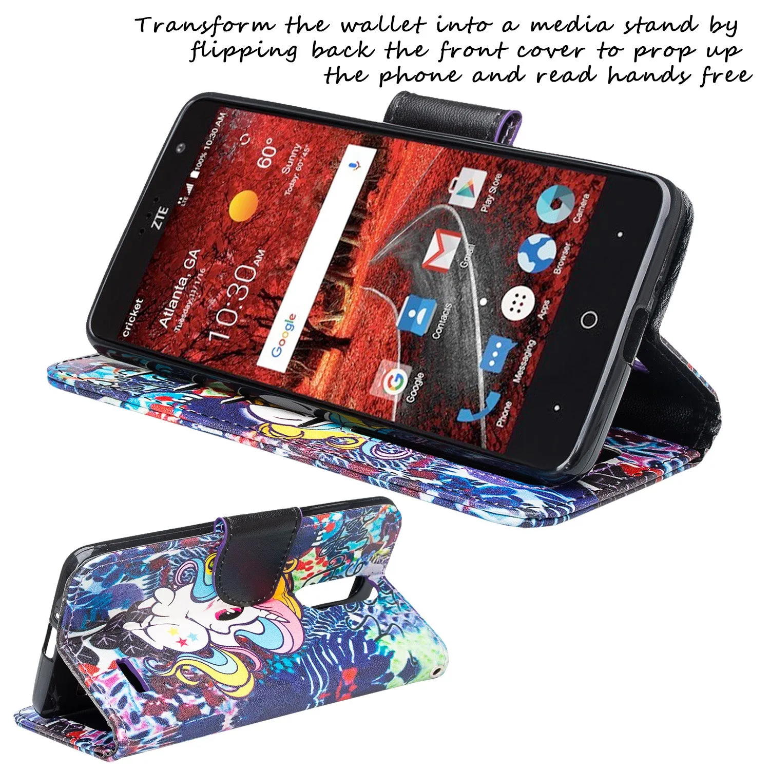 ZTE Blade Spark Z971, ZTE ZMAX One, ZTE Grand X4, X 4 Case, Wrist Strap Pu Leather Magnetic Flip [Kickstand] Wallet Cover with Slots - Rainbow Unicorn