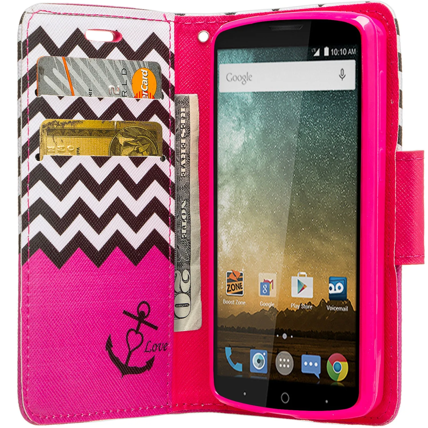 ZTE Ultra Case | ZTE Quest | ZTE Uhura Case, Wrist Strap Magnetic Flip Fold[Kickstand] Pu Leather Wallet Case with ID & Credit Card Slots for ZTE Ultra/Quest/Uhura - Hot Pink Anchor