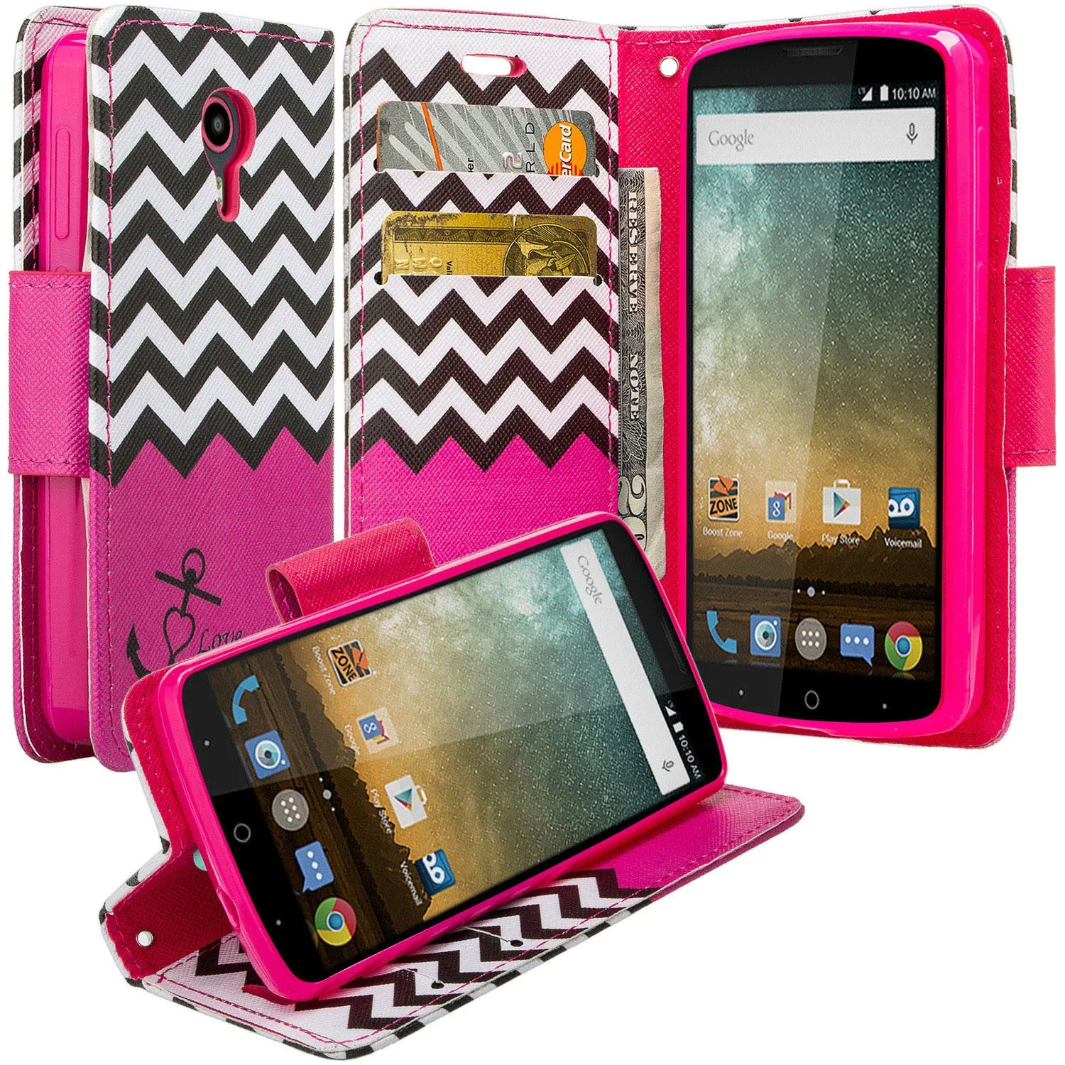 ZTE Ultra Case | ZTE Quest | ZTE Uhura Case, Wrist Strap Magnetic Flip Fold[Kickstand] Pu Leather Wallet Case with ID & Credit Card Slots for ZTE Ultra/Quest/Uhura - Hot Pink Anchor