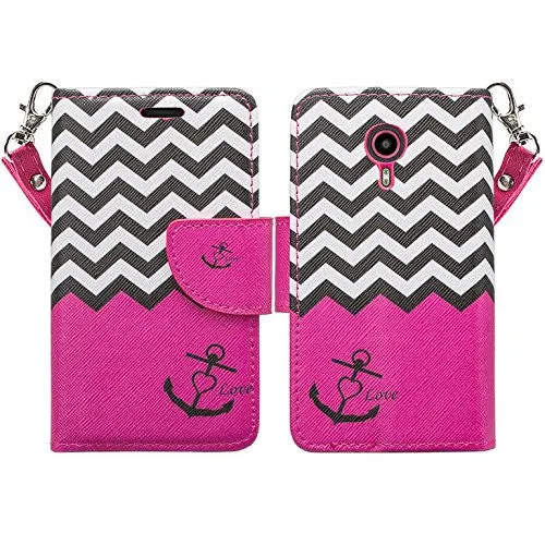 ZTE Ultra Case | ZTE Quest | ZTE Uhura Case, Wrist Strap Magnetic Flip Fold[Kickstand] Pu Leather Wallet Case with ID & Credit Card Slots for ZTE Ultra/Quest/Uhura - Hot Pink Anchor